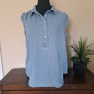 LOFT Light Blue Sleeveless Blouse Women's Size Large Chambray Ruffle NEW